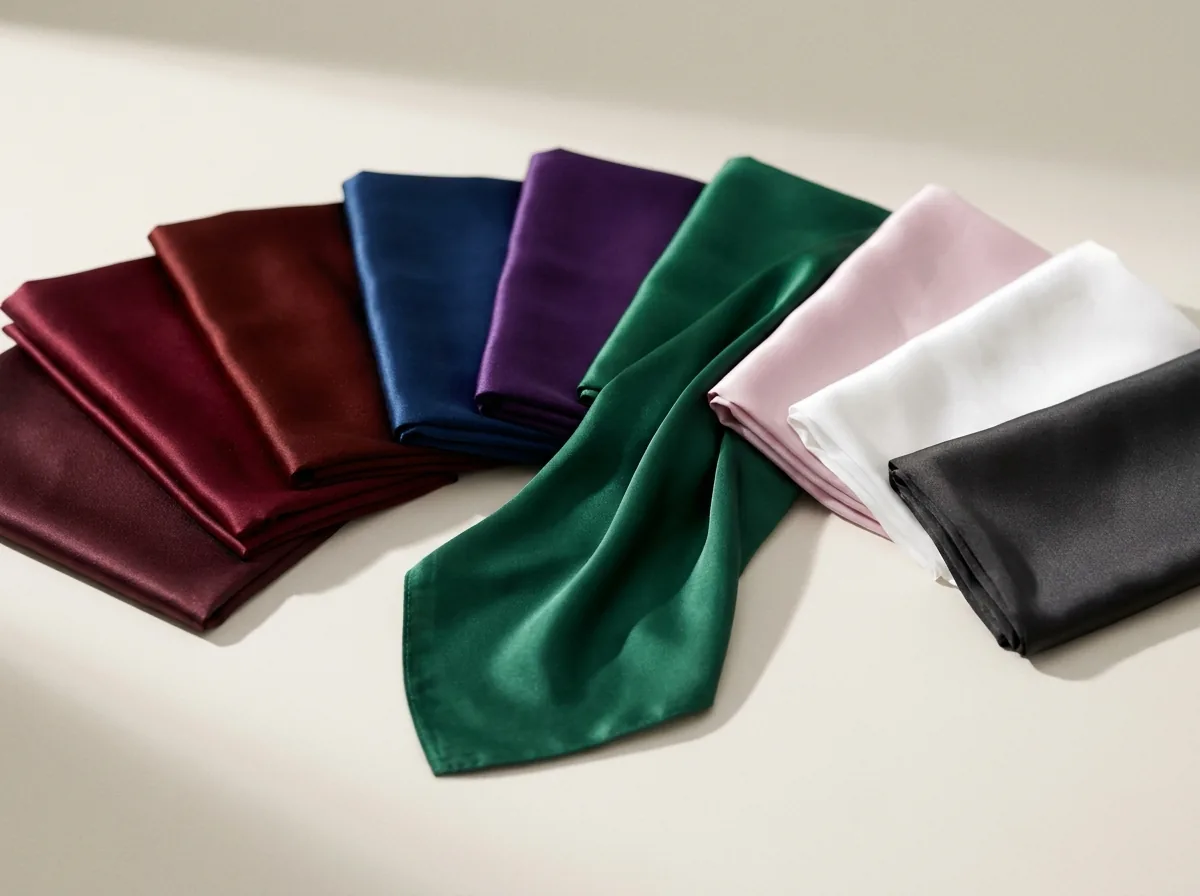 Twelve silk drape swatches fanned in Deep Winter jewel tones on a porcelain surface