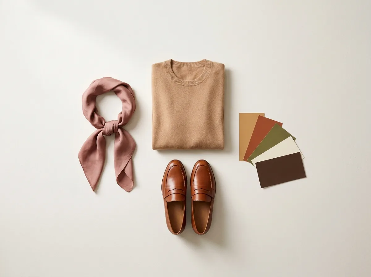Capsule outfit flat-lay: camel sweater, rose silk scarf, cognac loafers and matching color cards