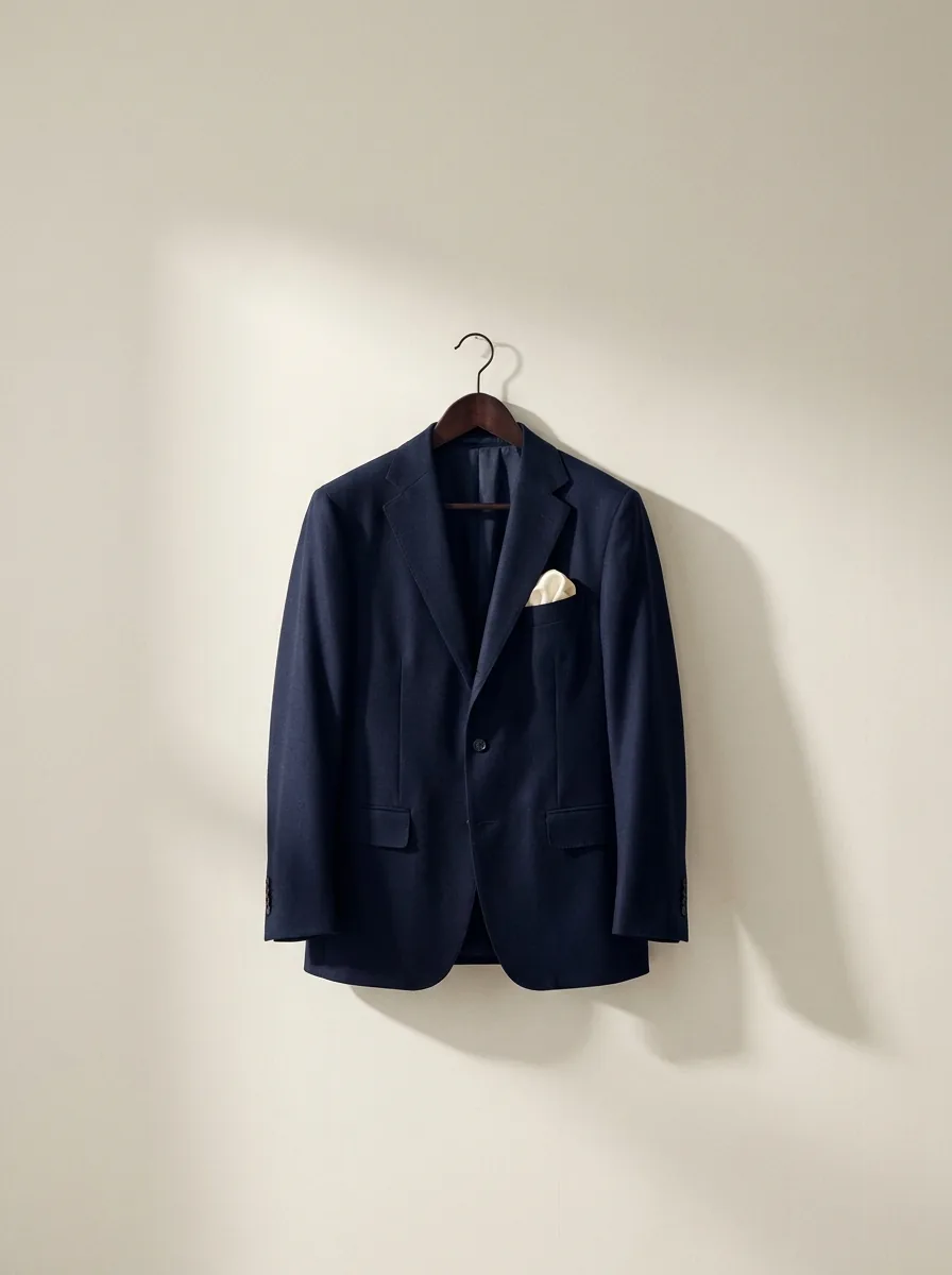A precisely pressed navy blazer with an ivory pocket square on a hanger