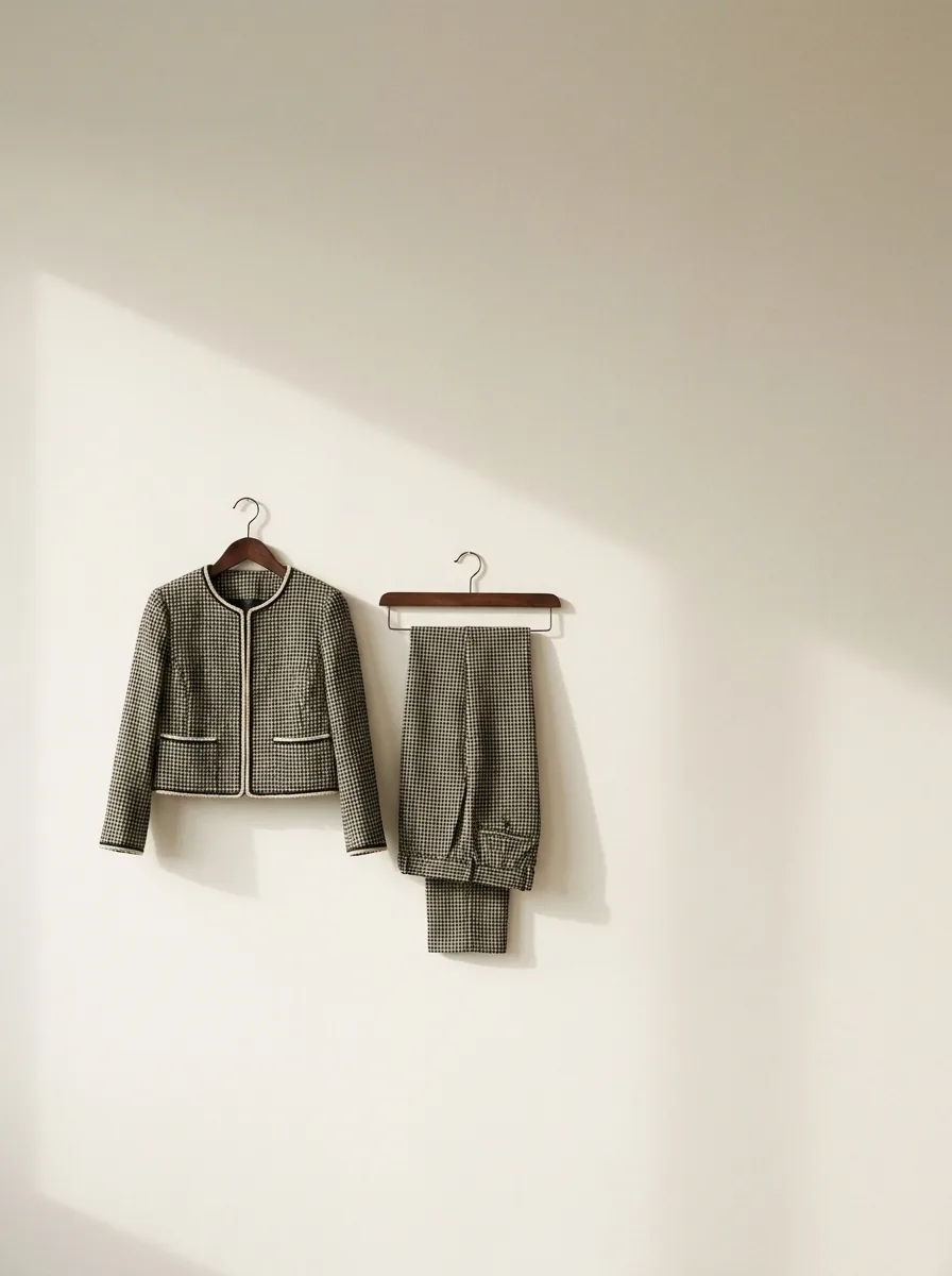 A cropped black-and-cream jacket with slim trousers on hangers