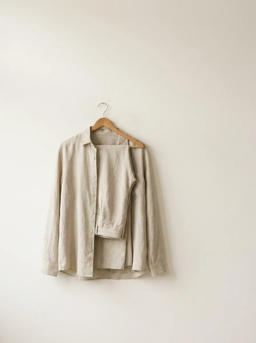 A relaxed oatmeal linen overshirt and wide trousers on a hanger