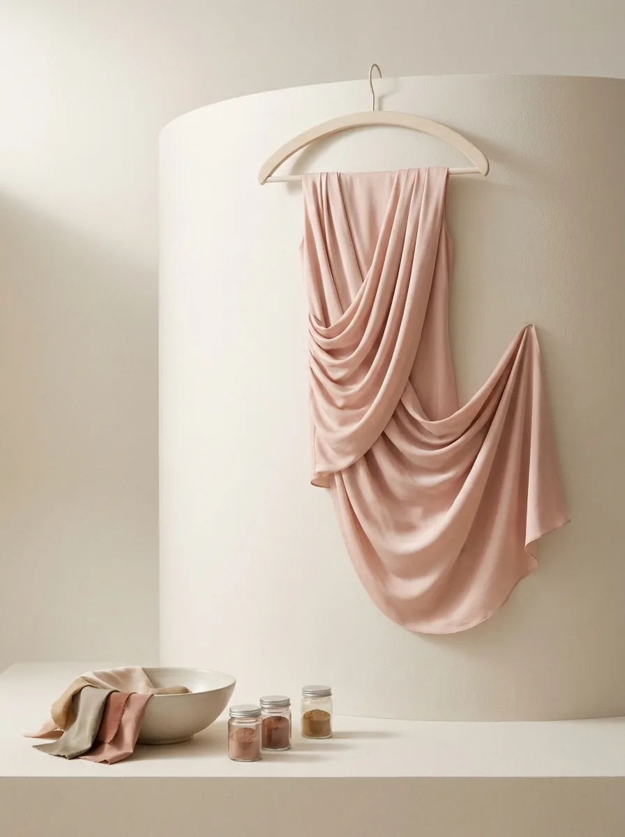 A soft blush silk dress with draped curves on a wooden hanger